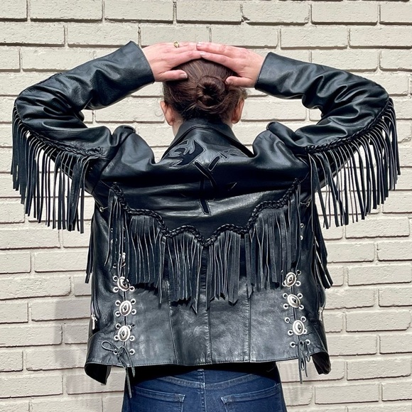 VINTAGE ALCATRAZ BLACK LEATHER FRINGE BRAIDED CONCHO ZIP ROCKSTAR LEATHER JACKET - Picture 1 of 17